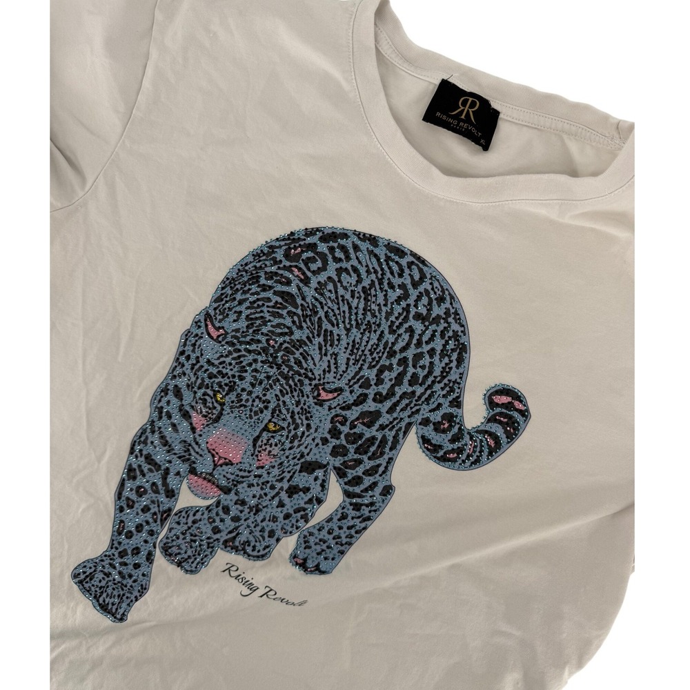 Rising Revolt Paris Leopard Graphic Rhinestone T-Shirt Cream XL Women Streetwear
